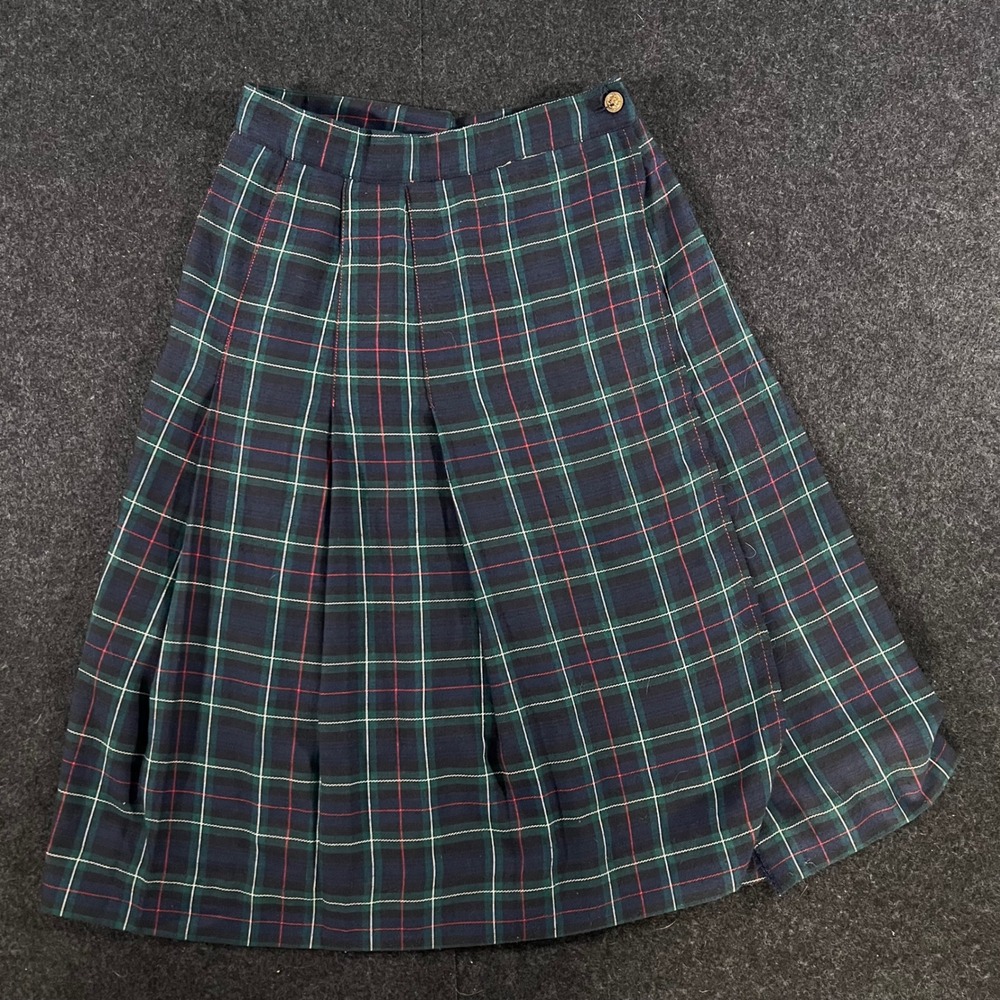 Sears Contemporary Corner Skirt Womens 11/12 Green Plaid Pleated Vintage 70s 80s